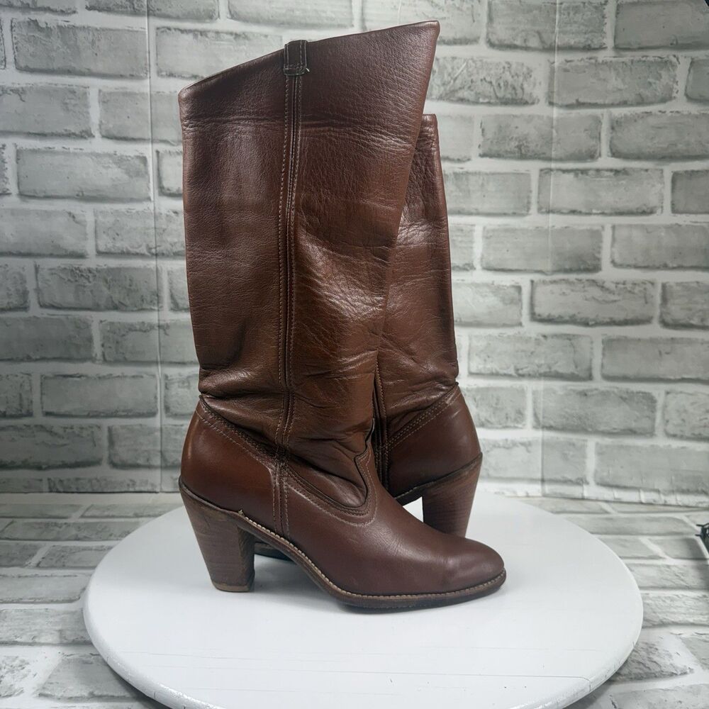 Circle A Acme VINTAGE Women's Size 8.5 Brown Leather Block Heel Knee High Boots